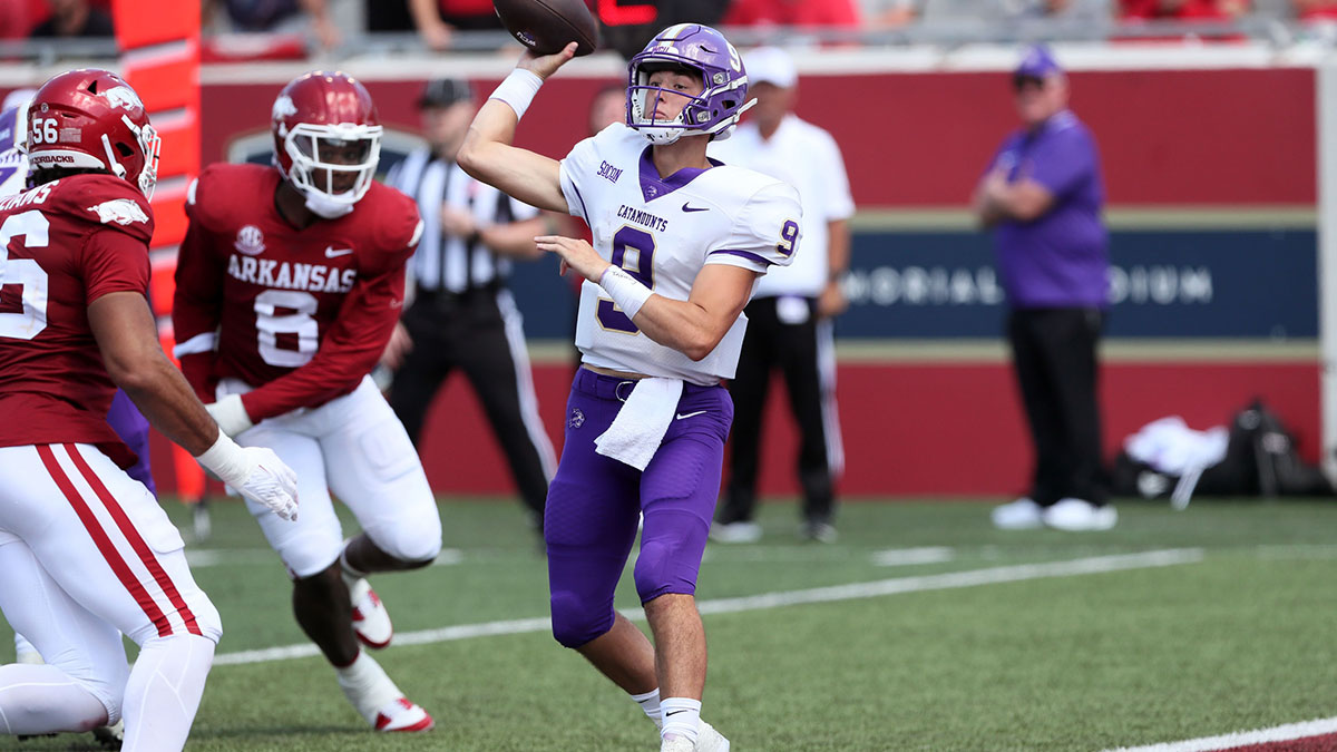 Western Carolina Catamounts quarterback Cole Gonzales (9) passes in the third quarter against the Arkansas Razorbacks at War Memorial Stadium. Arkansas won 56-13