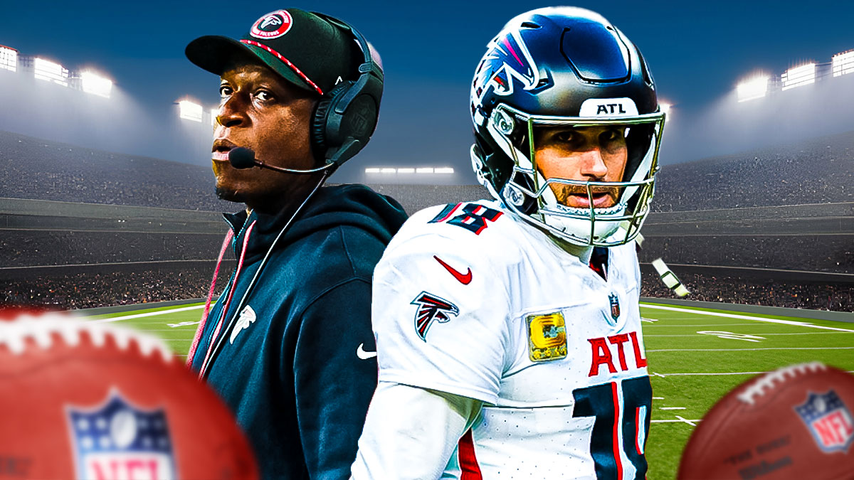 Falcons' Raheem Morris and Kirk Cousins with stoic expressions
