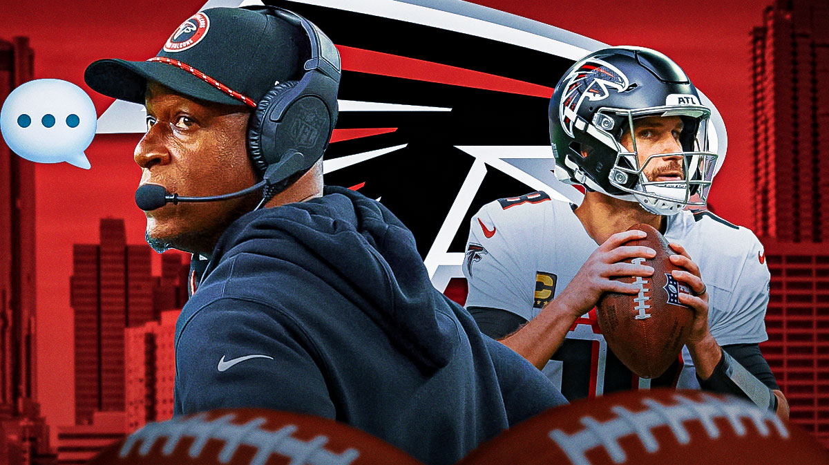 Atlanta Falcons head coach Raheem Morris with a speech bubble that has the three dots emoji inside. He is next to Falcons QB Kirk Cousins. There is also a logo for the Atlanta Falcons.
