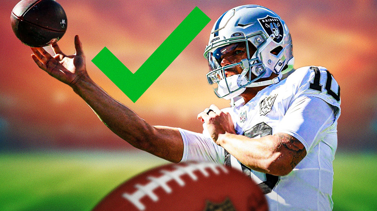 Desmond Ridder in a Las Vegas Raiders jersey throwing a football and a green checkmark next to him