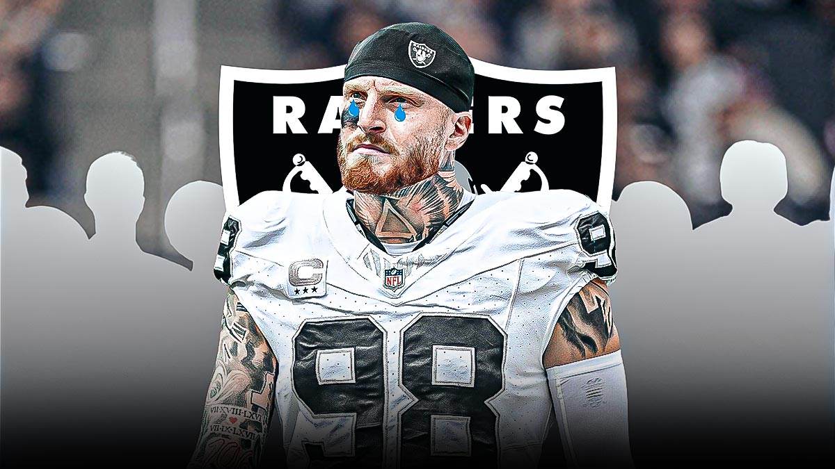 Raiders defensive end Maxx Crosby with a tear down his eye, with silhouettes of fans below him, and the Raiders logo in the background