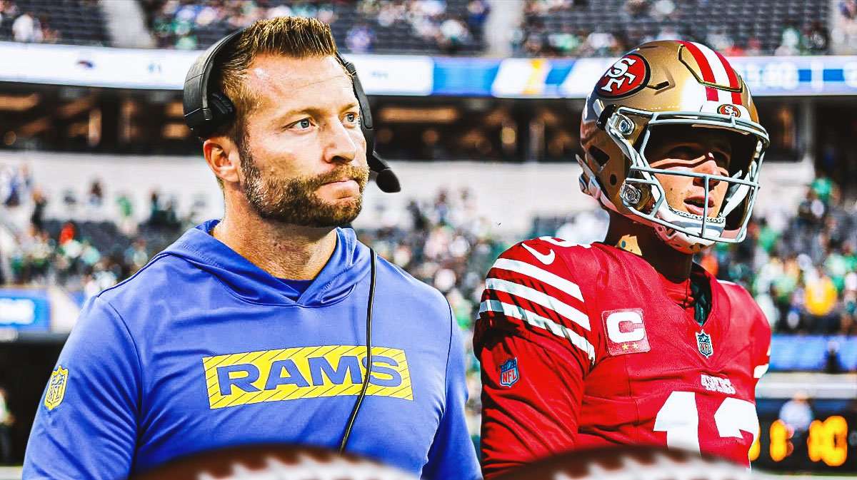 Rams Sean McVay with 49ers Brock Purdy looking disappointed behind him and Levi's Stadium in the background