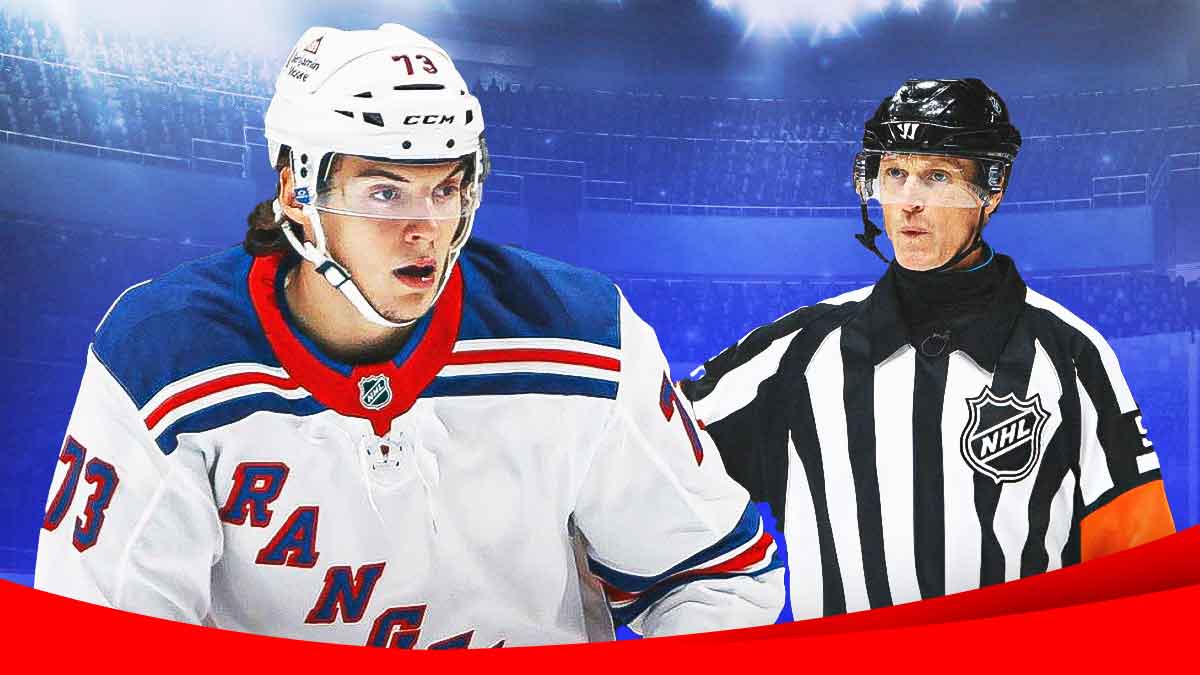 Rangers forward Matt Rempe and a referee calling a penalty
