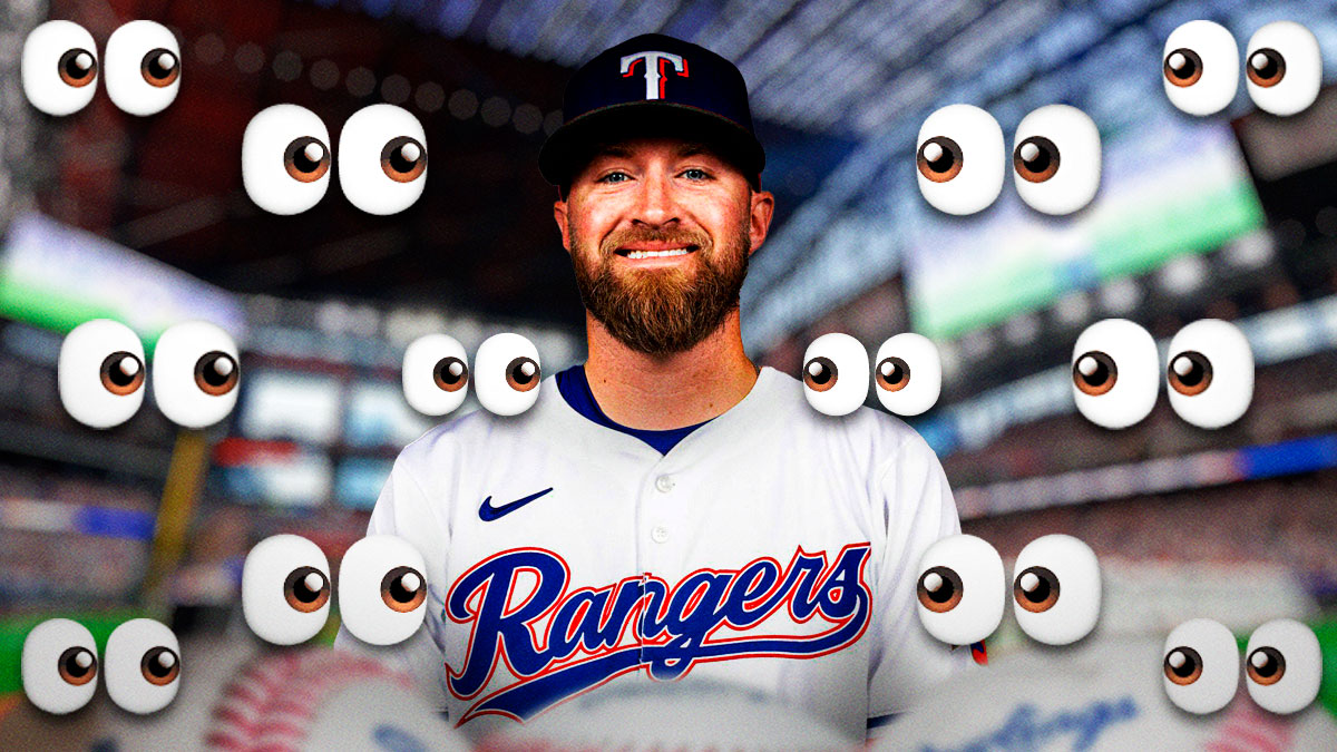 image of catcher Tucker Barnhart smiling in a Texas Rangers jersey. Eyes emoji next to him