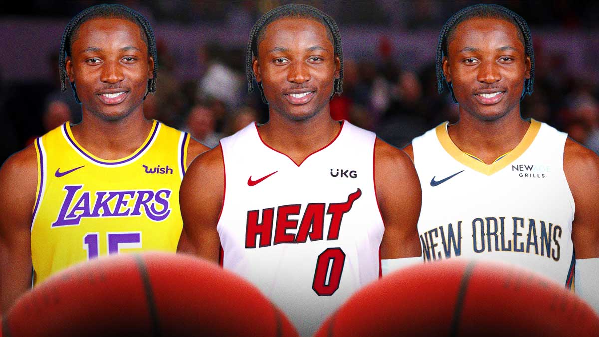 three images in Jonathan Kuminga. 1 in a Heat jersey, 1 in a Lakers jersey, 1 in a Pelicans jersey