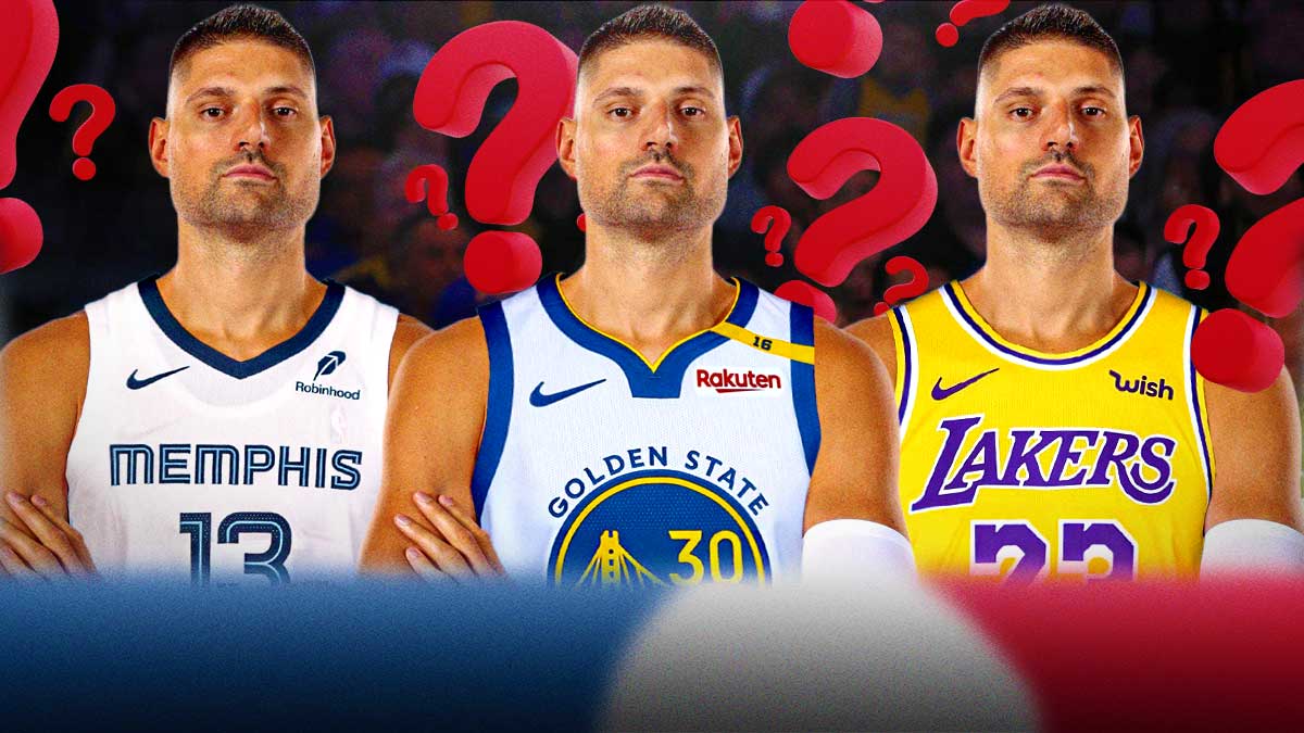 3 images of the Bulls' Nikola Vucevic. One in a Warriors jersey, one in a Grizzlies jersey, and one in a Lakers jersey with question marks all around.