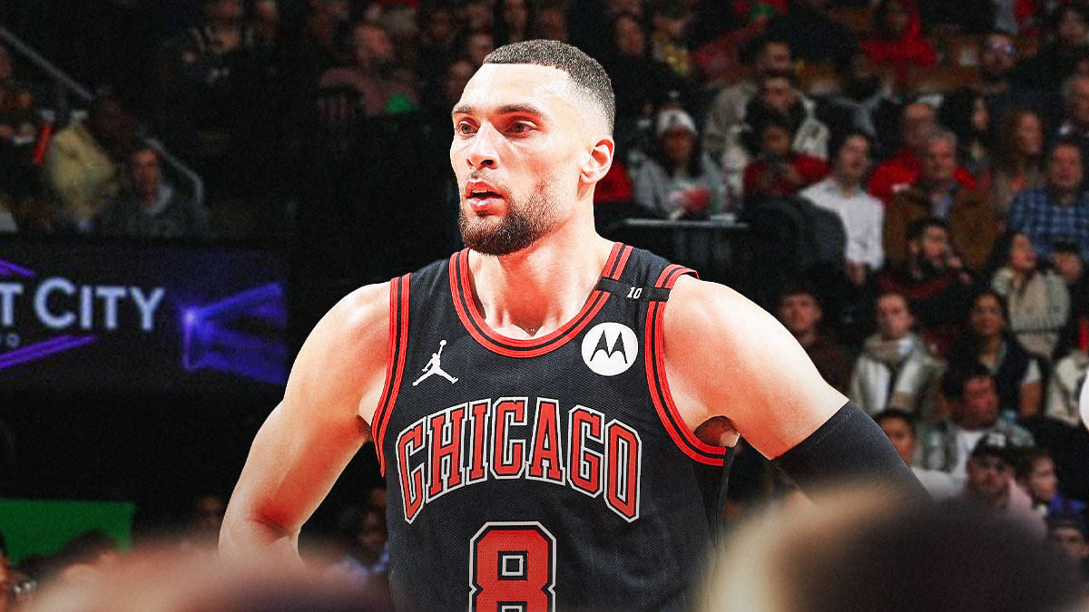 Zach LaVine, Bulls, NBA trade, Zach LaVine trade, Zach LaVine Bulls, Zach LaVine with Bulls arena in the background