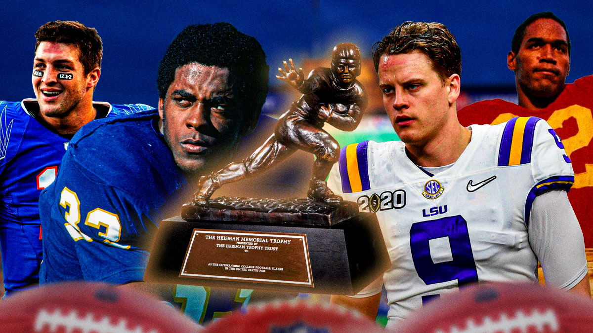 Tony Dorsett (Pitt), OJ Simpson (USC), Tim Tebow (Florida), Joe Burrow (LSU) all together with Heisman Trophy front and center.