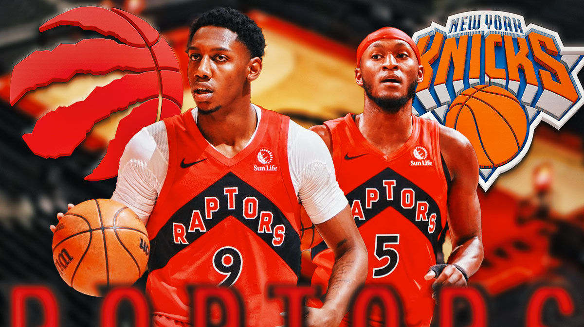 Raptors forward RJ Barrett next to Raptors guard Immanuel Quickly with the Knicks and Raptors logos in the background