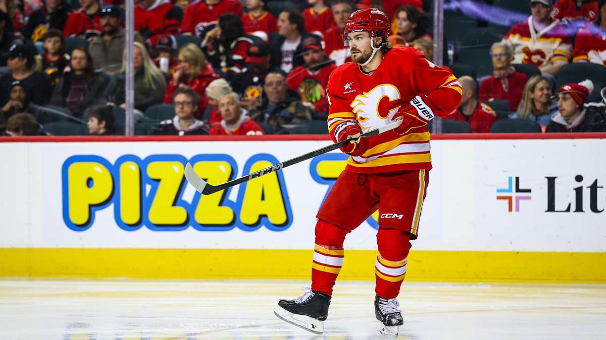 Calgary Flames defenseman Rasmus Andersson (4) against the Chicago Blackhawks during the second period at Scotiabank Saddledome.