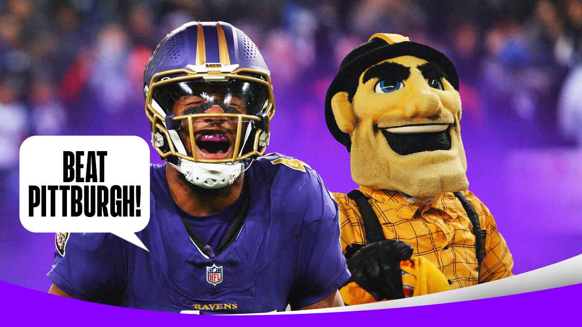 Marlon Humphrey with a text bubble reading "Beat Pittsburgh!" next to the Steelers mascot.