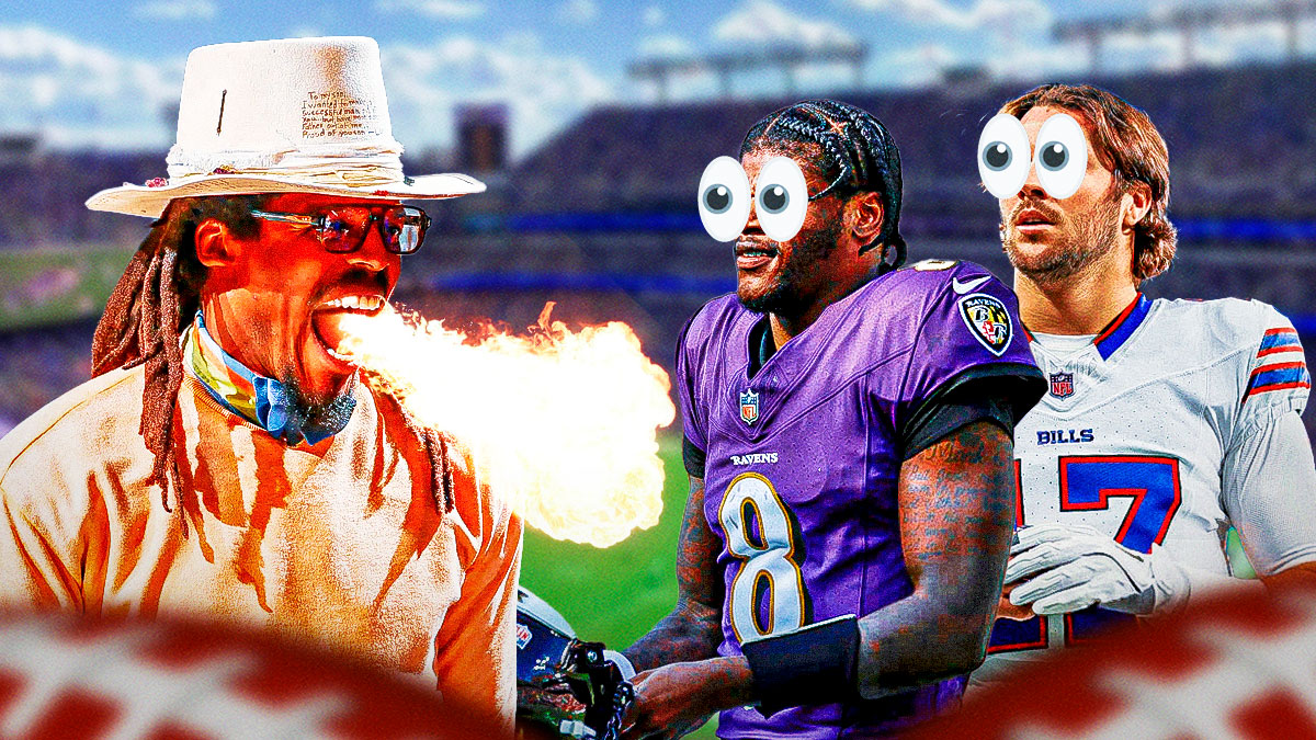 Cam Newton on one side breathing fire, Lamar Jackson and Josh Allen on the other side with the big eyes emoji over their faces