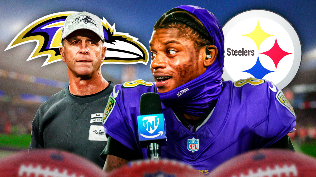 John Harbaugh next to Lamar Jackson and Ravens and Steelers logos.