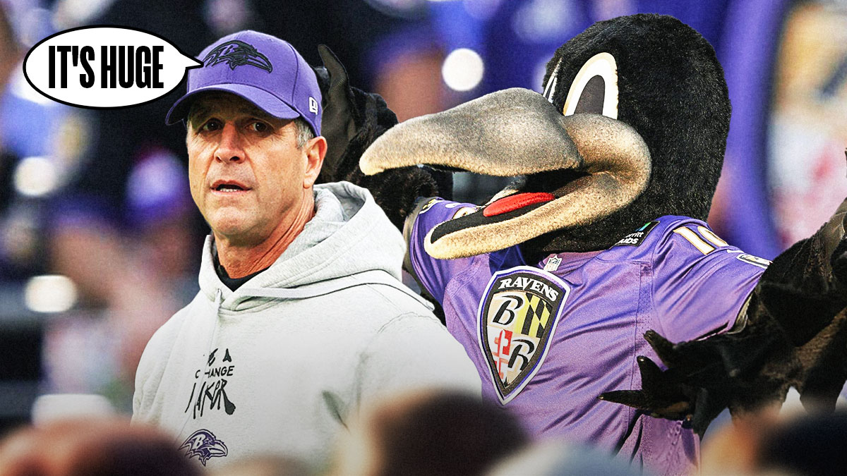 John Harbaugh with a text bubble reading "It's huge" next to the Ravens mascot in front of the Ravens stadium.