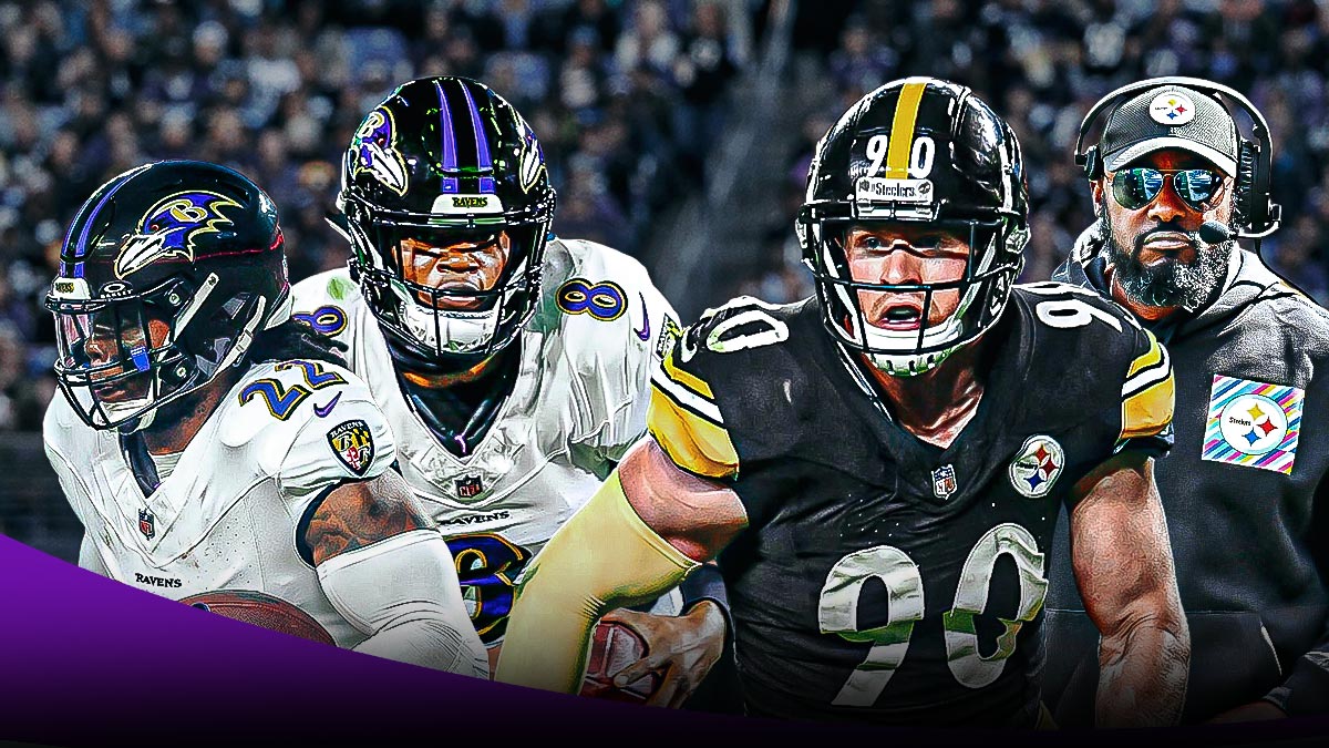 Lamar Jackson and Derrick Henry running away from Steelers TJ Watt and Mike Tomlin