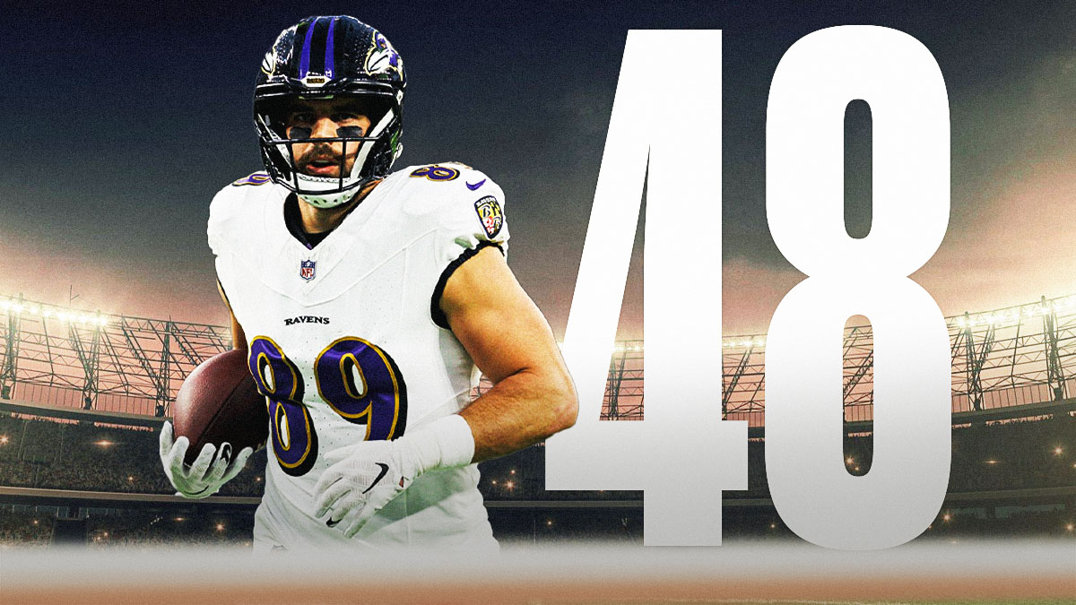 Mark Andrews in a Baltimore Ravens uniform with a giant 48 behind him as Andrews became the Ravens TD leader with 48 scores, andrews record and the ravens record is now 48 touchdowns.