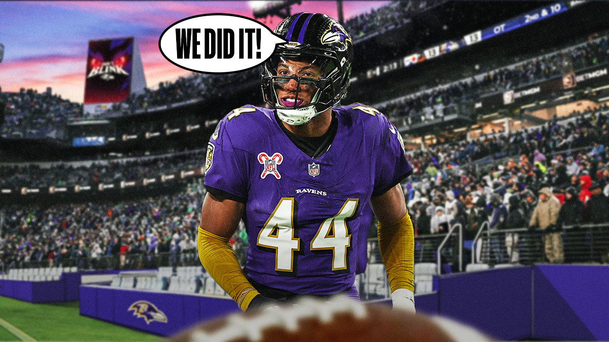 Marlon Humphrey with a text bubble reading "We did it!" in front of the Ravens stadium.