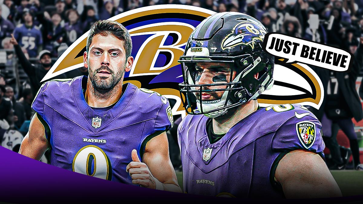 Justin Tucker on the left, Mark Anders with a text bubble reading "Just believe" on the right with the Ravens logo as the background.