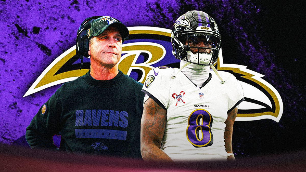 Lamar Jackson in the middle, John Harbaugh, Derrick Henry around him, Baltimore Ravens wallpaper in the background