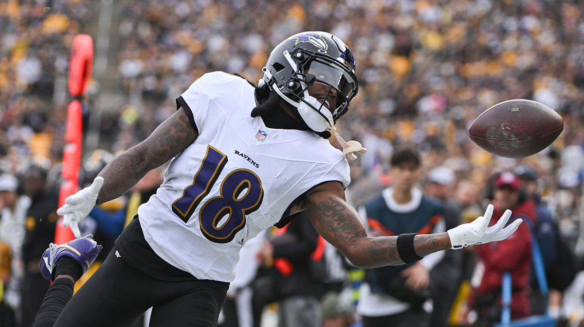 Baltimore Ravens wide receiver Diontae Johnson (18) reaches for an incomplete pass against the Pittsburgh Steelers during the first quarter at Acrisure Stadium.