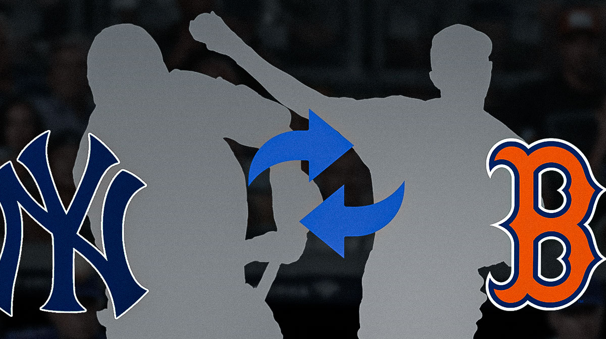 Silhouettes of Carlos Narvaez and Elmer Rodriguez-Cruz with swap logo between them, Red Sox and Yankees logos beside them