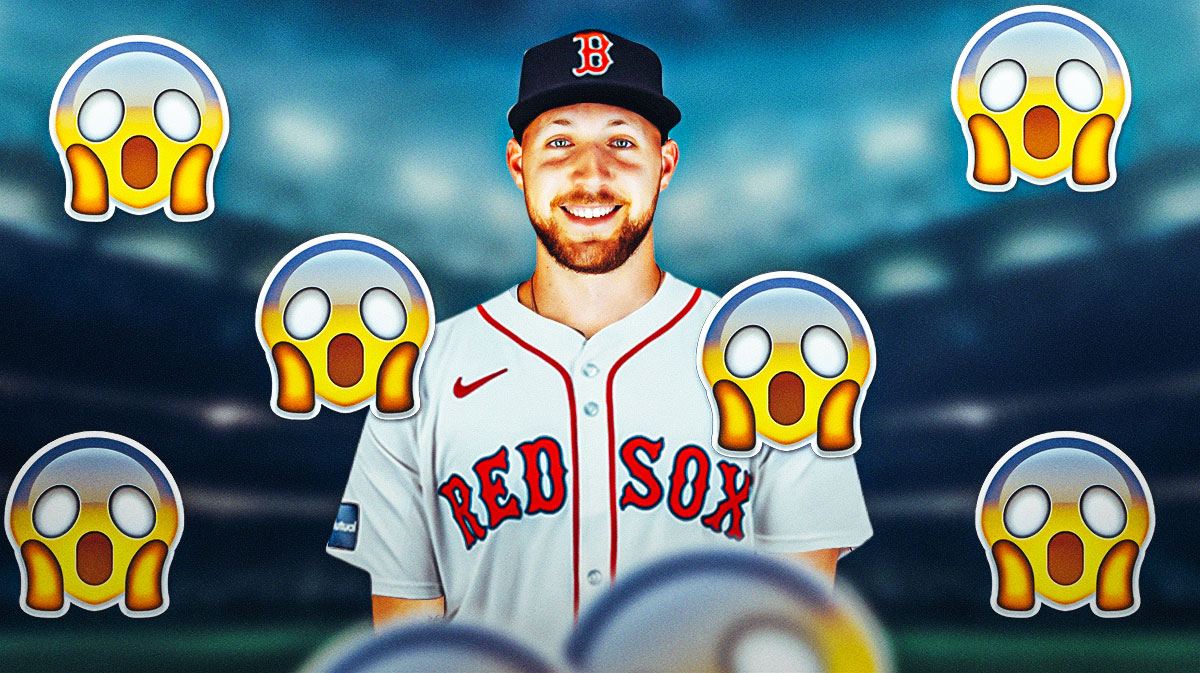 Image: Garrett Crochet in a Boston Red Sox uniform with a bunch of shocked emojis in the background