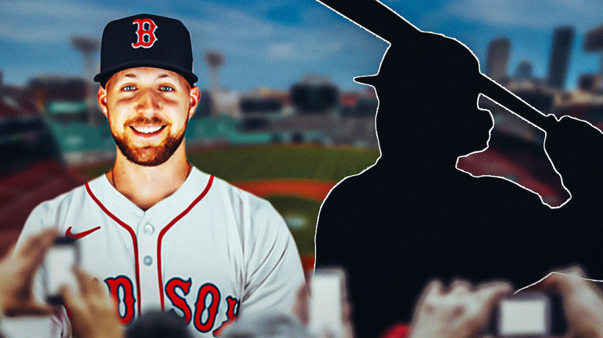 Garrett Crochet in a Red Sox uniform. Roman Anthony as a silhouette. Fenway Park in the background