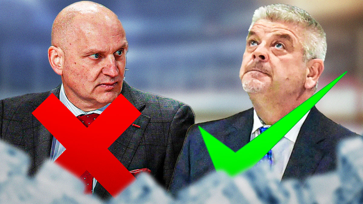 Derek Lalonde on one side with an "X" over his head, Todd McLellan on the other side with a check mark over his head