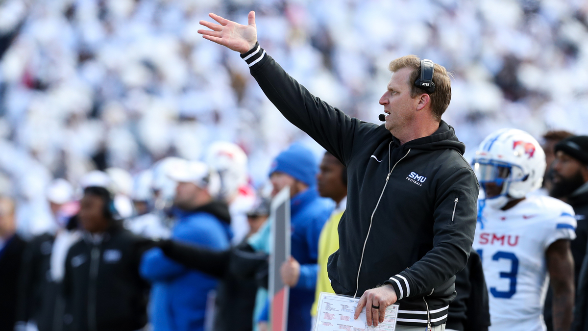 Southern Methodist Mustangs head coach Rhett Lashlee gestures from the sideline during the first quarter against the Penn State Nittany Lions in the first round of the College Football Playoff at Beaver Stadium.