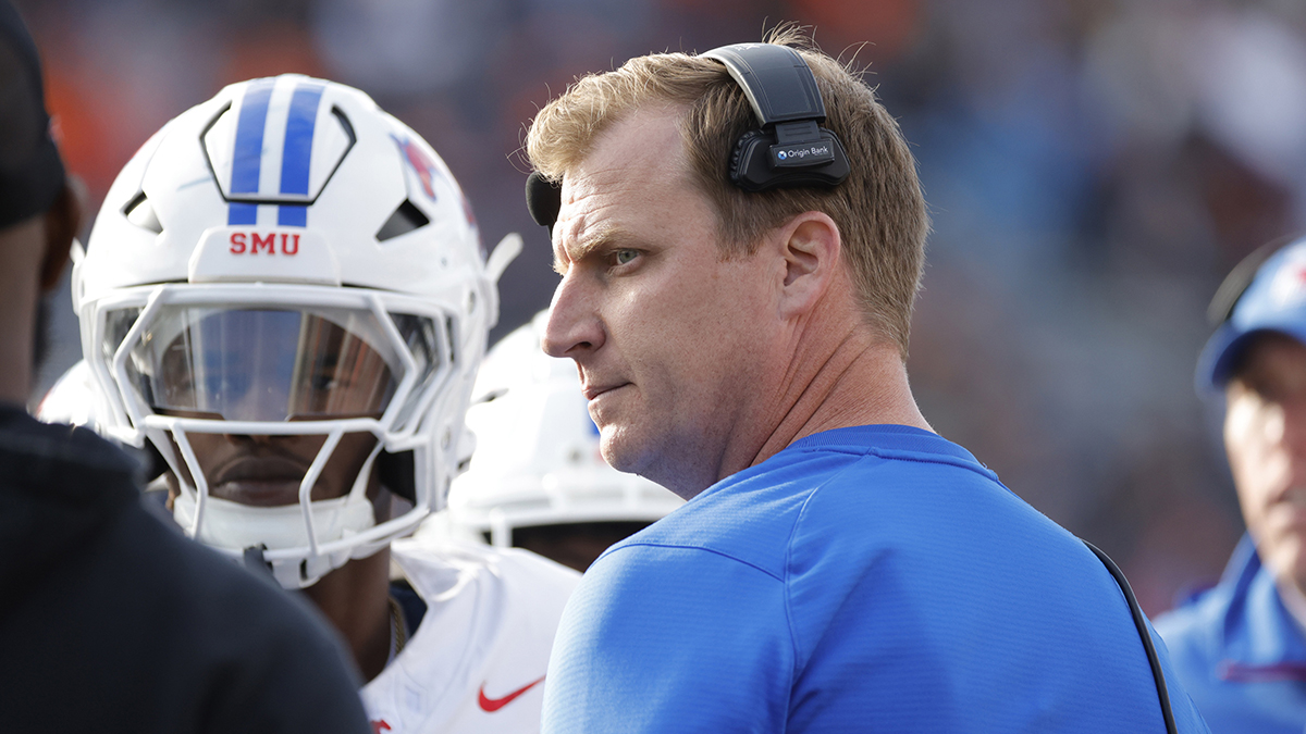 Southern Methodist Mustangs head coach Rhett Lashlee looks on from the field during a stoppage in play against the Virginia Cavaliers in the second half at Scott Stadium.