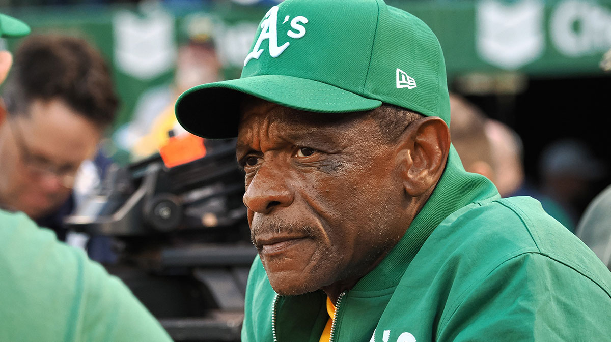 Former Oakland Athletics player Ricky Henderson before the game against the Texas Rangers at Oakland-Alameda County Coliseum.