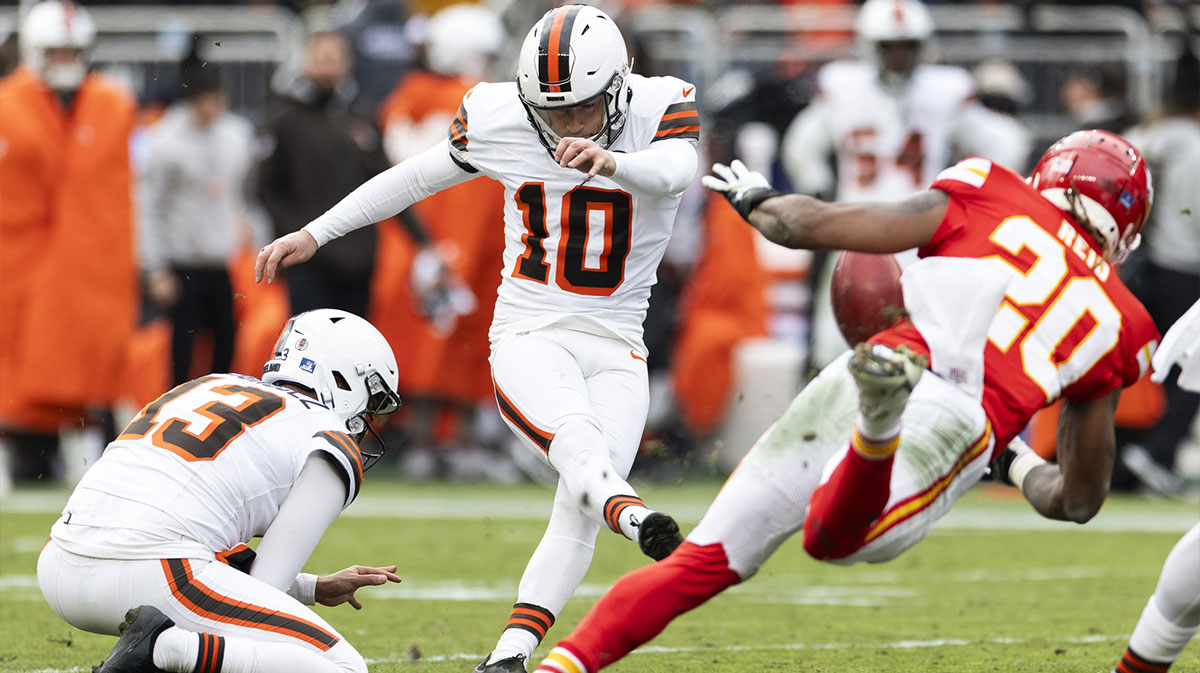 Cleveland Browns place kicker Riley Patterson (10) kicks the point after against the Kansas City Chiefs during the third quarter at Huntington Bank Field.