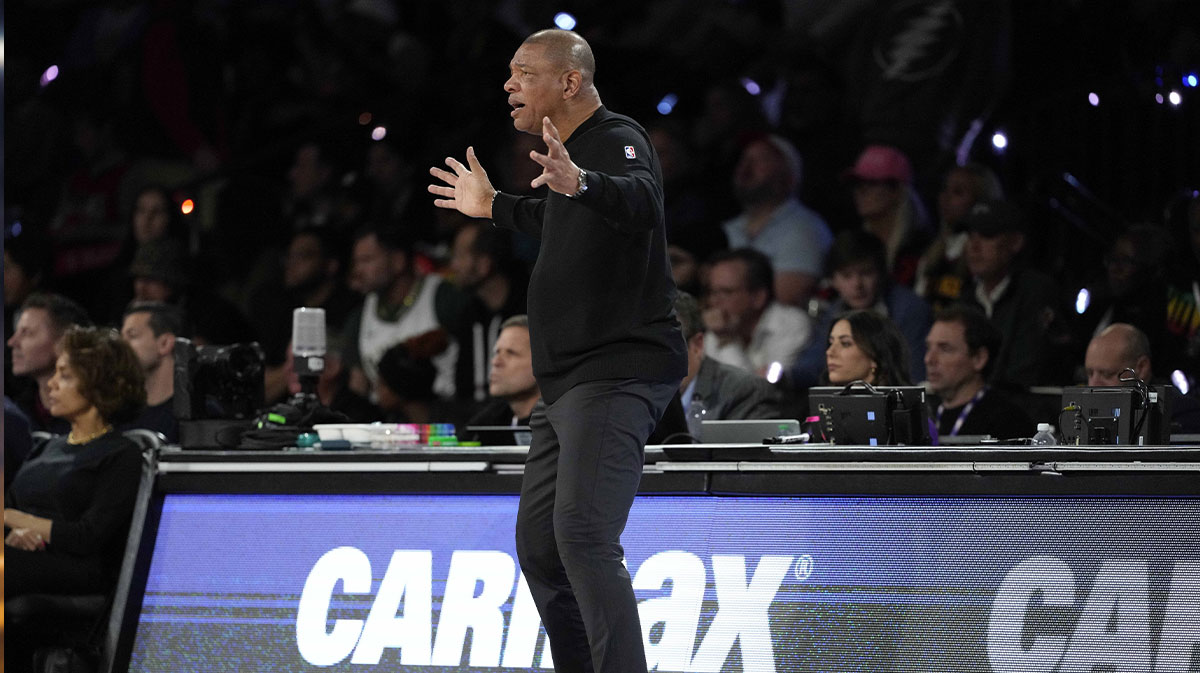 Milwaukee Bucks head coach Doc Rivers looks on during the second half against the Atlanta Hawks in a semifinal of the 2024 Emirates NBA Cup at T-Mobile Arena.