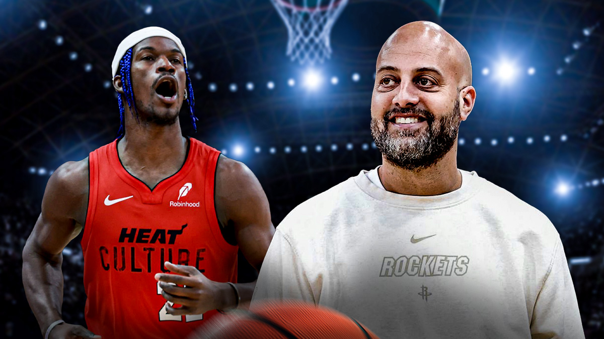 Houston Rockets general manager Rafael Stone and Jimmy Butler in front of the Toyota Center.