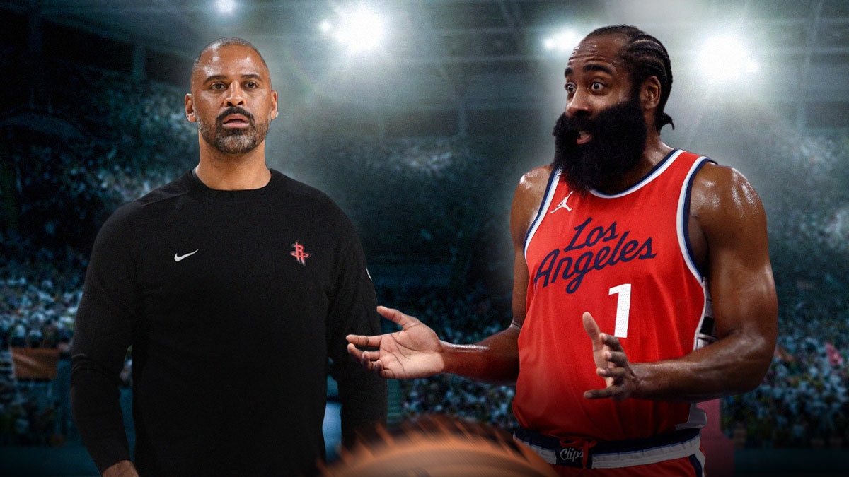 Image of Clippers James Harden shrugging next to image of Rockets coach Ime Udoka looking serious.