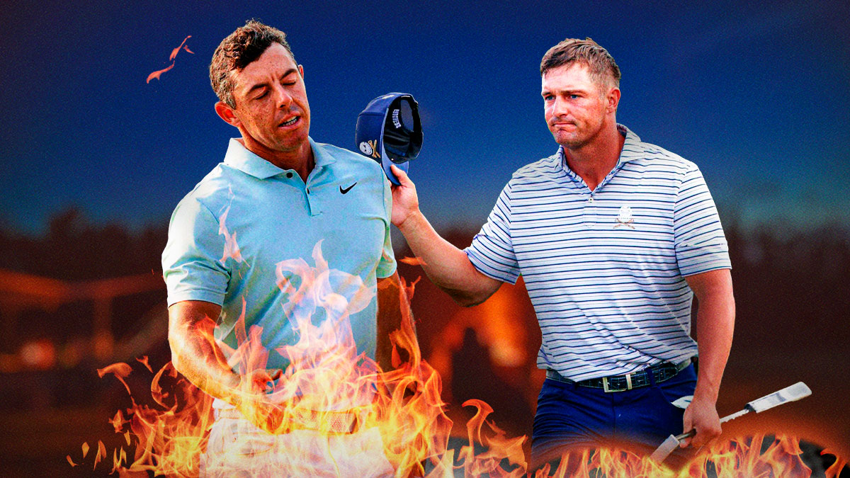 Bryson DeChambeau and Rory McIlroy by a campfire with McIlroy's legs on fire