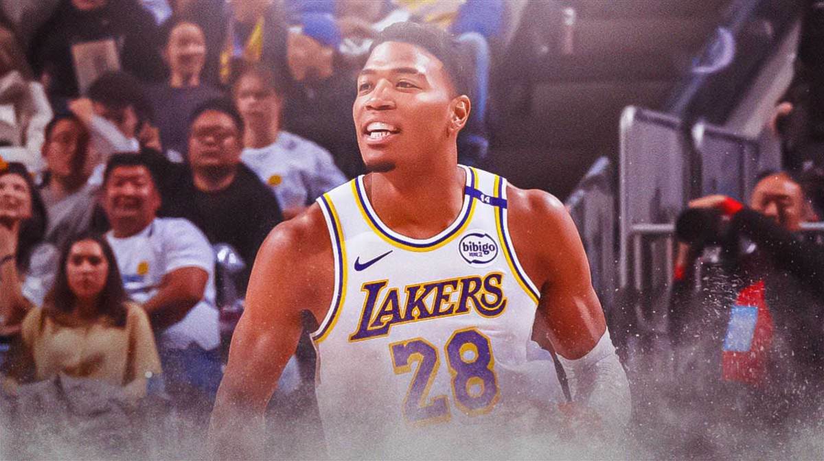 LA Lakers player Rui Hachimura with the Lakers arena in the background, small-ball center