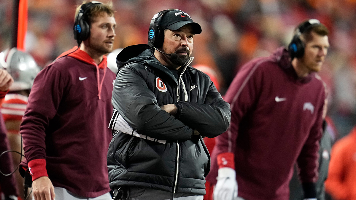 Ohio State Buckeyes head coach Ryan Day watches from the sideline during the first half of the College Football Playoff first round game against the Tennessee Volunteers at Ohio Stadium in Columbus on Dec. 21, 2024.