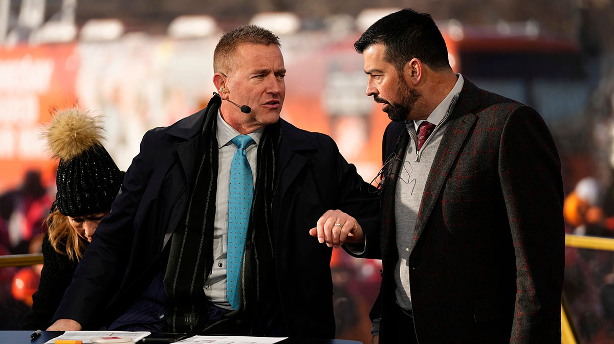 Ohio State head coach Ryan Day talks talks to Kirk Herbstreit on the set of ESPN College GameDay prior to the College Football Playoff first round game between the Ohio State Buckeyes and Tennessee Volunteers in Columbus on Dec. 21, 2024.