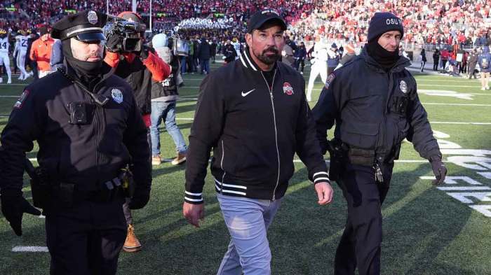 Ohio State Buckeyes head coach Ryan Day walks off the field after losing to Michigan Wolverines 13-10 after the NCAA football game at Ohio Stadium