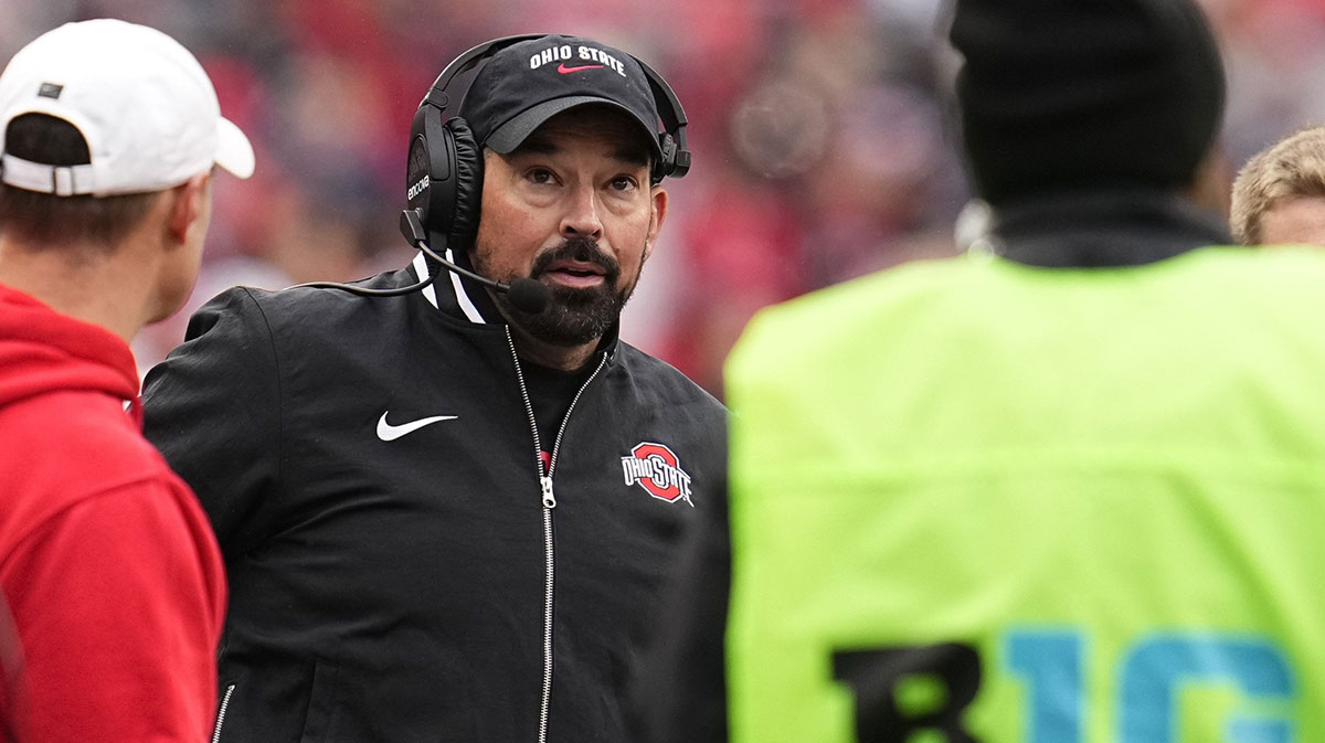Ohio State Buckeyes head coach Ryan Day watches during the first half of the NCAA football game against the Indiana Hoosiers at Ohio Stadium