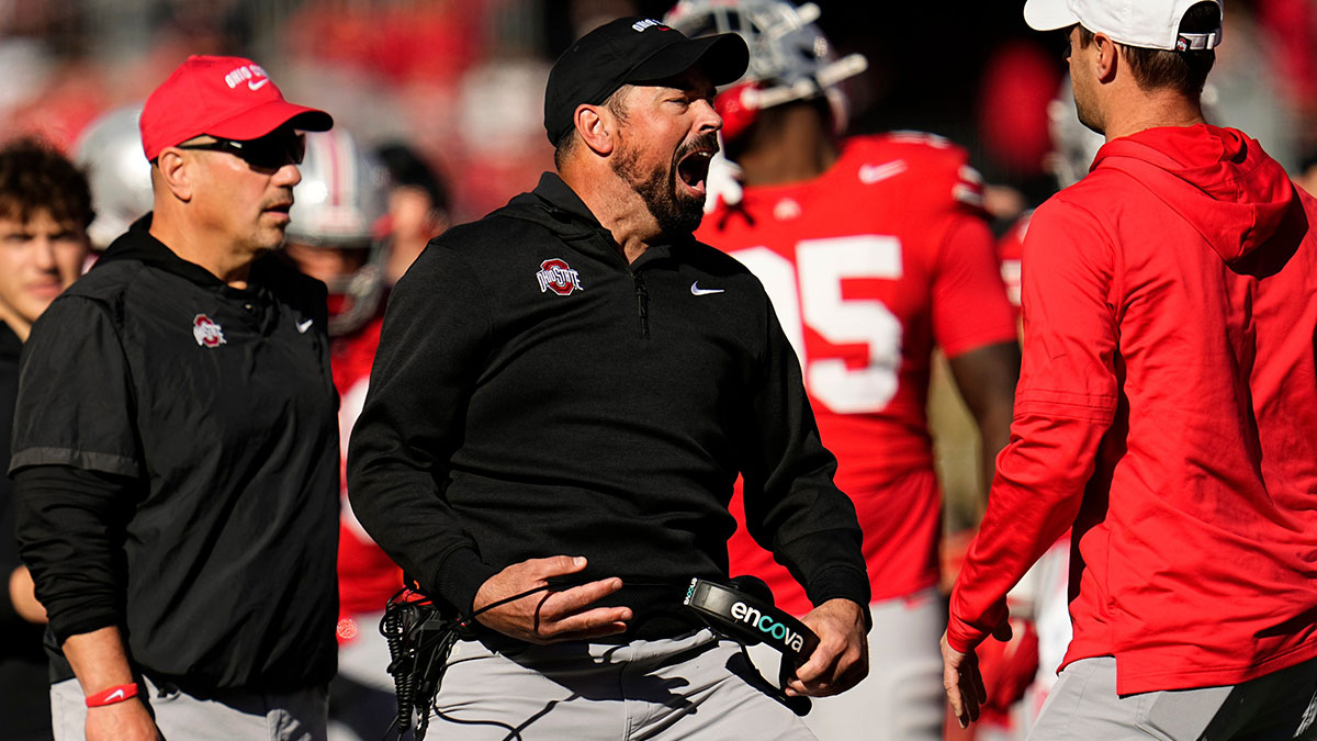 Ohio State Buckeyes head coach Ryan Day reacts to a targeting call on linebacker Arvell Reese during the second half of the NCAA football game against the Nebraska Cornhuskers at Ohio Stadium
