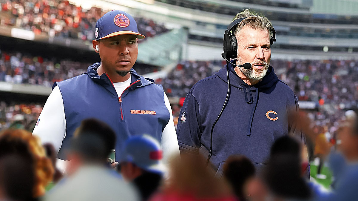 Bears GM Ryan Poles, former HC Matt Eberflus, Soldier Field in back