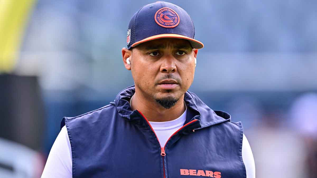 Chicago Bears general manager Ryan Poles looks on before the game against the Cincinnati Bengals at Soldier Field.