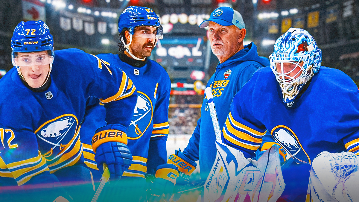Sabres players Tage Thompson, Alex Tuch, Ukko-Pekka Luukkonen, and coach Lindy Ruff inside KeyBank Centre