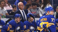 Buffalo Sabres head coach Lindy Ruff watches his team from the bench during the first period against the Pittsburgh Penguins at KeyBank Center.