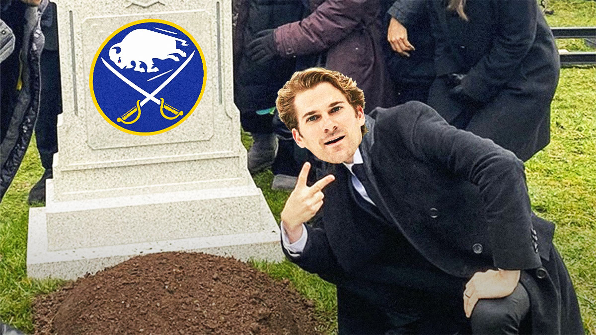 Barry Allen grave meme but it's the head of Marcus Foligno and logo of the Sabres on the grave.