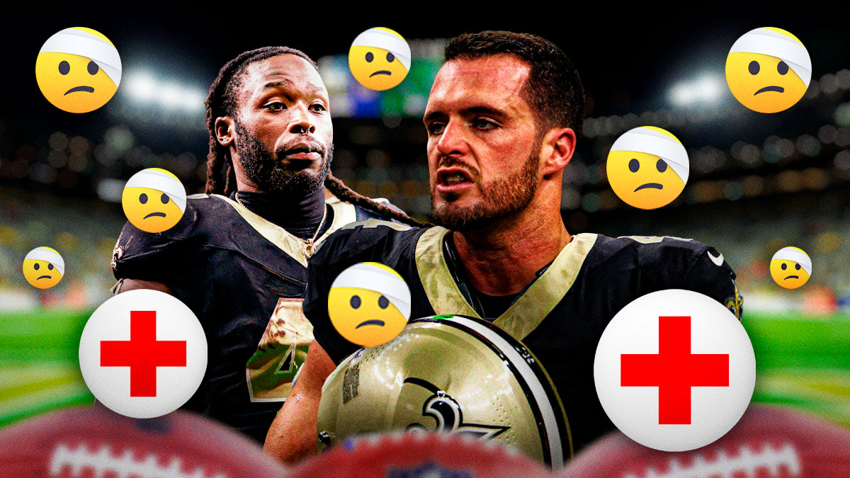 Saints QB Derek Carr and RB Alvin Kamara with multiple 🤕 in background, with red medical cross. Background is Lambeau Field.