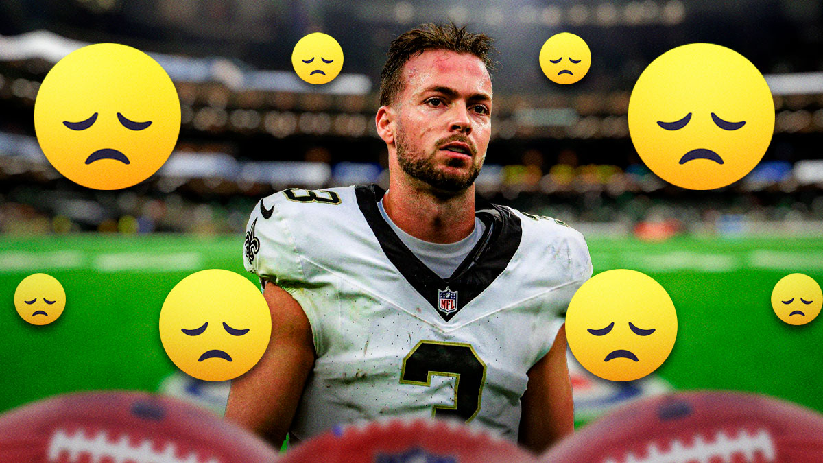 Jake Haener in a Saints jersey with shocked and sad face emojis surrounding the picture.