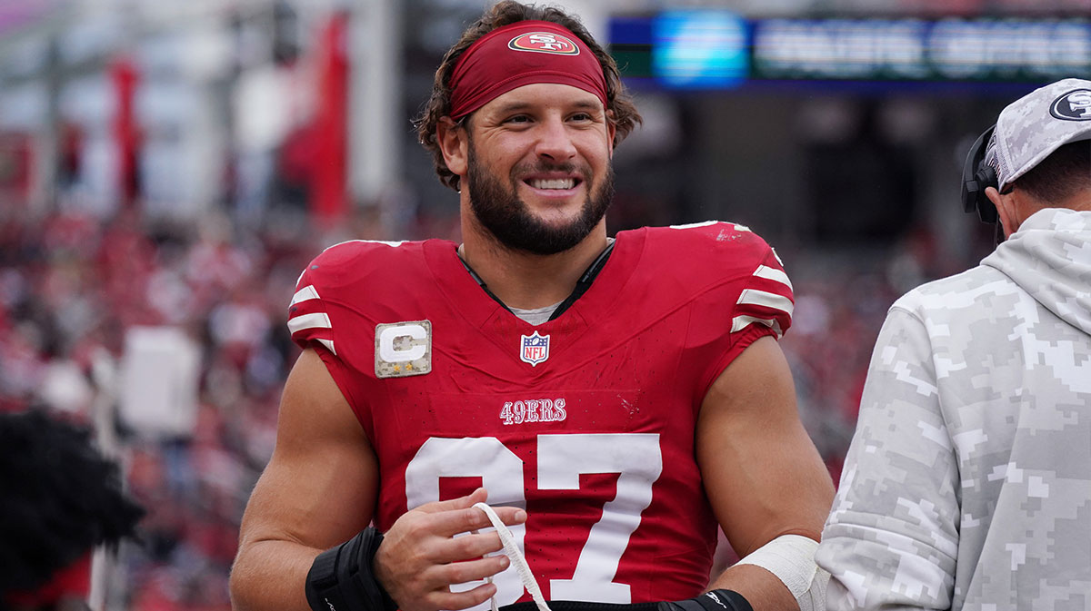 San Francisco 49ers defensive end Nick Bosa (97) waits on the sidelines against the Seattle Seahawks in the third quarter at Levi's Stadium. 